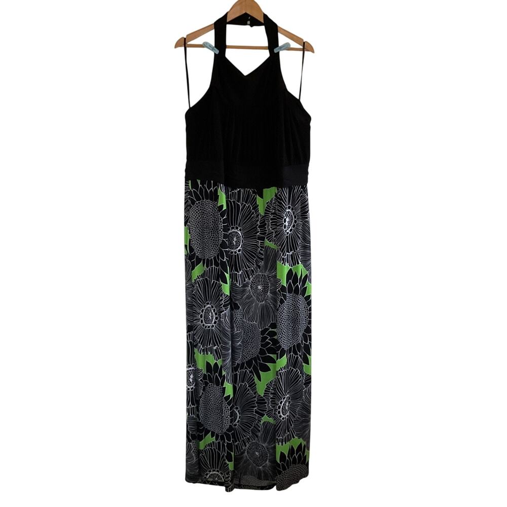 Lane Bryant Halter Neck Maxi Dress Black Green Floral Plus Sz 26/28 Boho Party